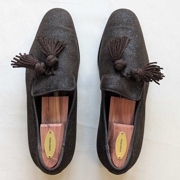 JIMMY CHOO Foxley Crystal-embellished sparkle fabric Slippers In brown - Picture 1 of 3